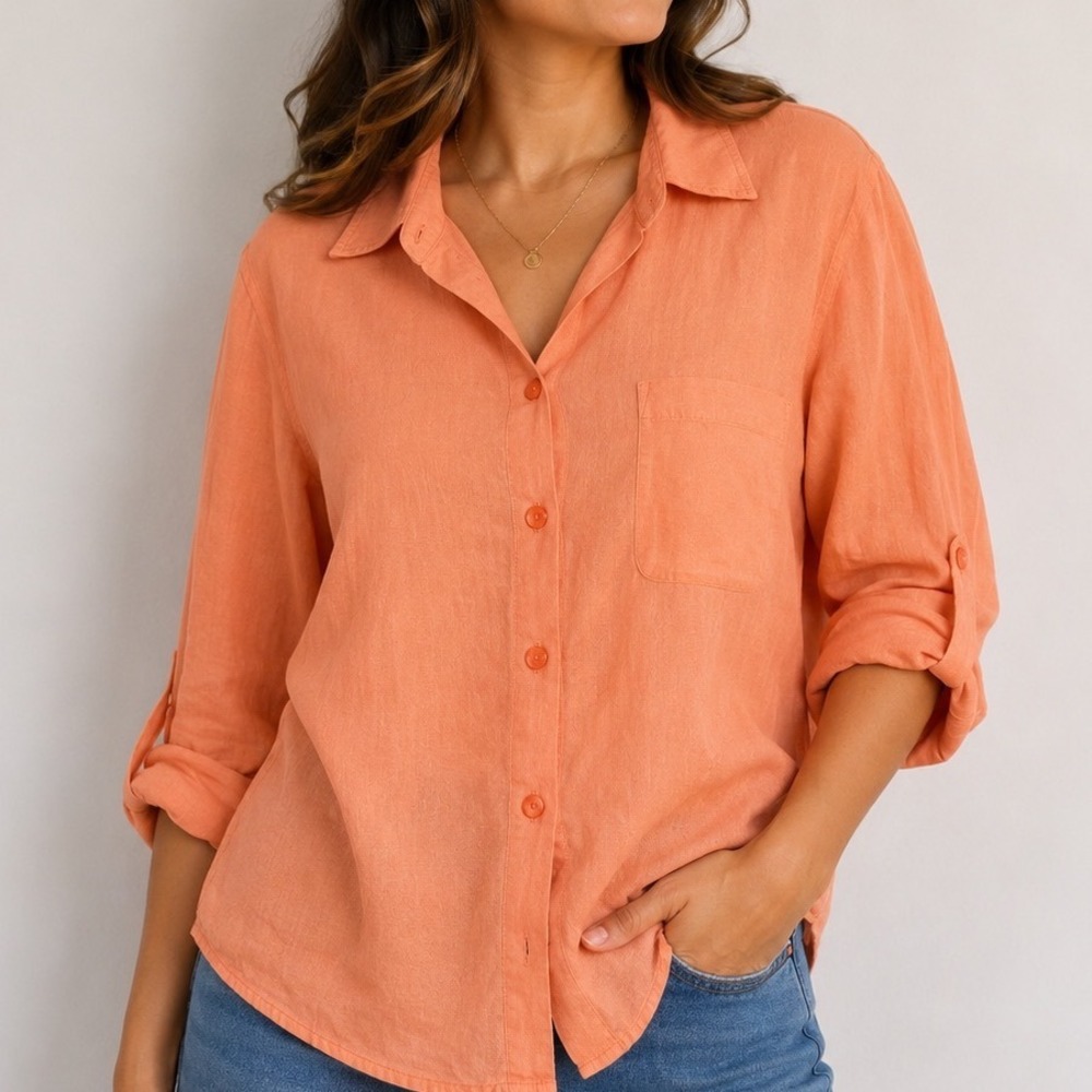 Liz Baker Linen Cotton Button Up Shirt M Coastal Grandmother Coral Roll Tab